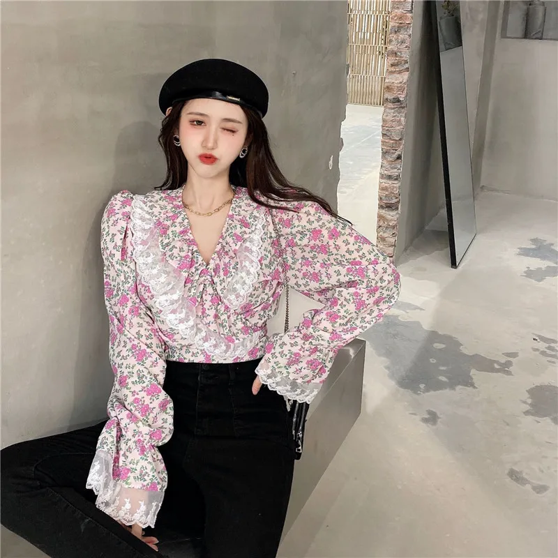 

ZN Womens Floral Lace Ruffles V Neck Chiffon Shirt Loose Lantern Long Sleeves Fashion Tops Spring Beach Streetwear Shirt Tops