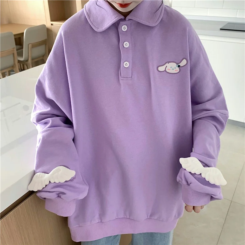 

Harajuku Polo Collar Hoodie Women Preppy Style Spring Autumn Thin Wing Long Sleeve Pullover Cartoon Hoodie Top Female