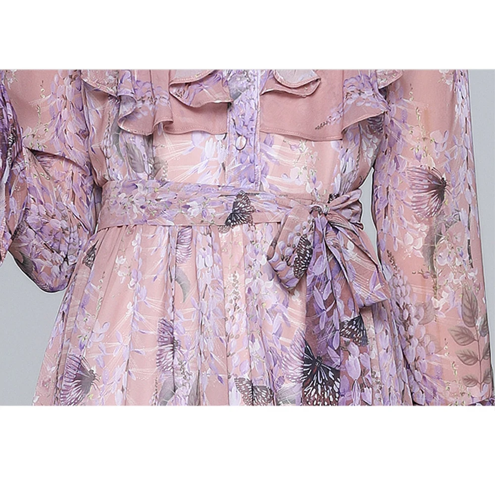 

Ruffle Dress Women Fashion 2021 Spring Flare Sleeve Stand Collar Elegant Vintage Beach Long Chiffon Dress