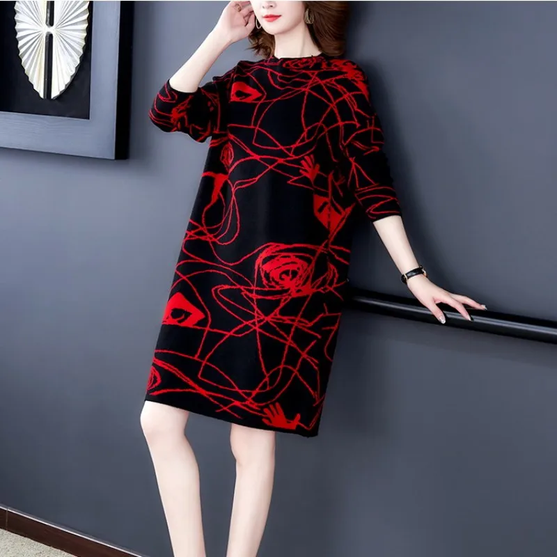 Женское трикотажное платье размера плюс осенне-зимнее длинное шерстяное