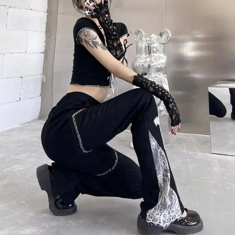 

Tonngirls Woman Pants Lace Cross Stretch Sexy Thin Flared Pants High Black Waisted Pants Women Pants Gothic Y2k Pants Summer