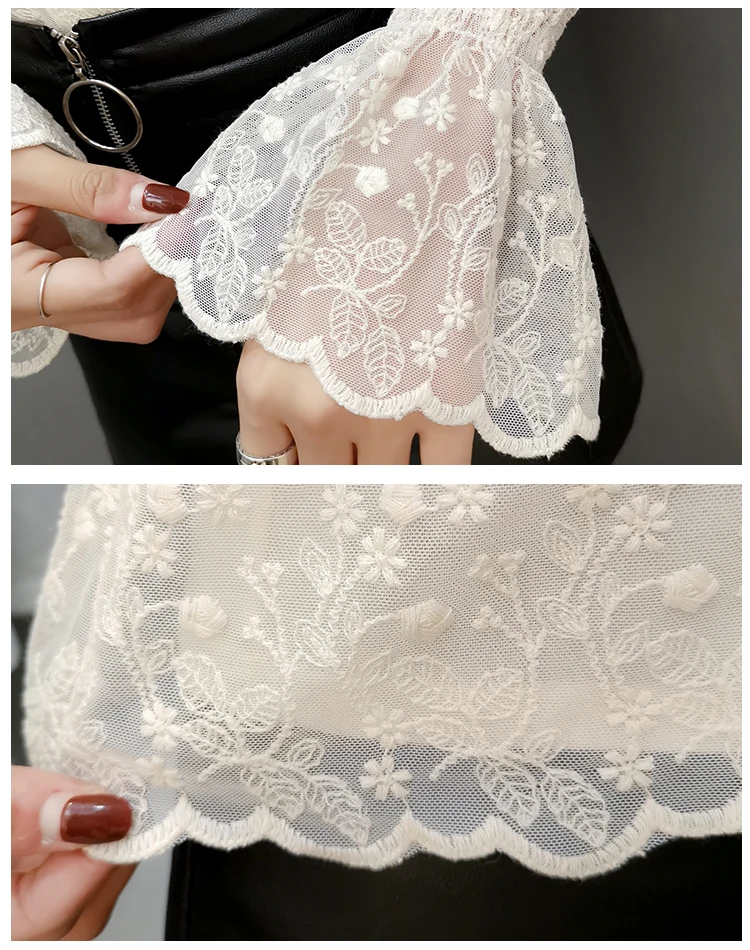 

See through Top Women Sexy Shirt Blouses Shirts Ruffle Lace Mesh Flowers Trumpet Sleeve Bow Collar Long Sleeve Women Top 202G