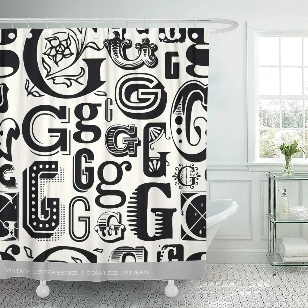 

Черный Алфавит Винтаж рисунок в виде буквы «G» с вышивкой белый душевые наборы штор с крючками 72x78 дюймов Водонепроницаемый полиэфирной тка...