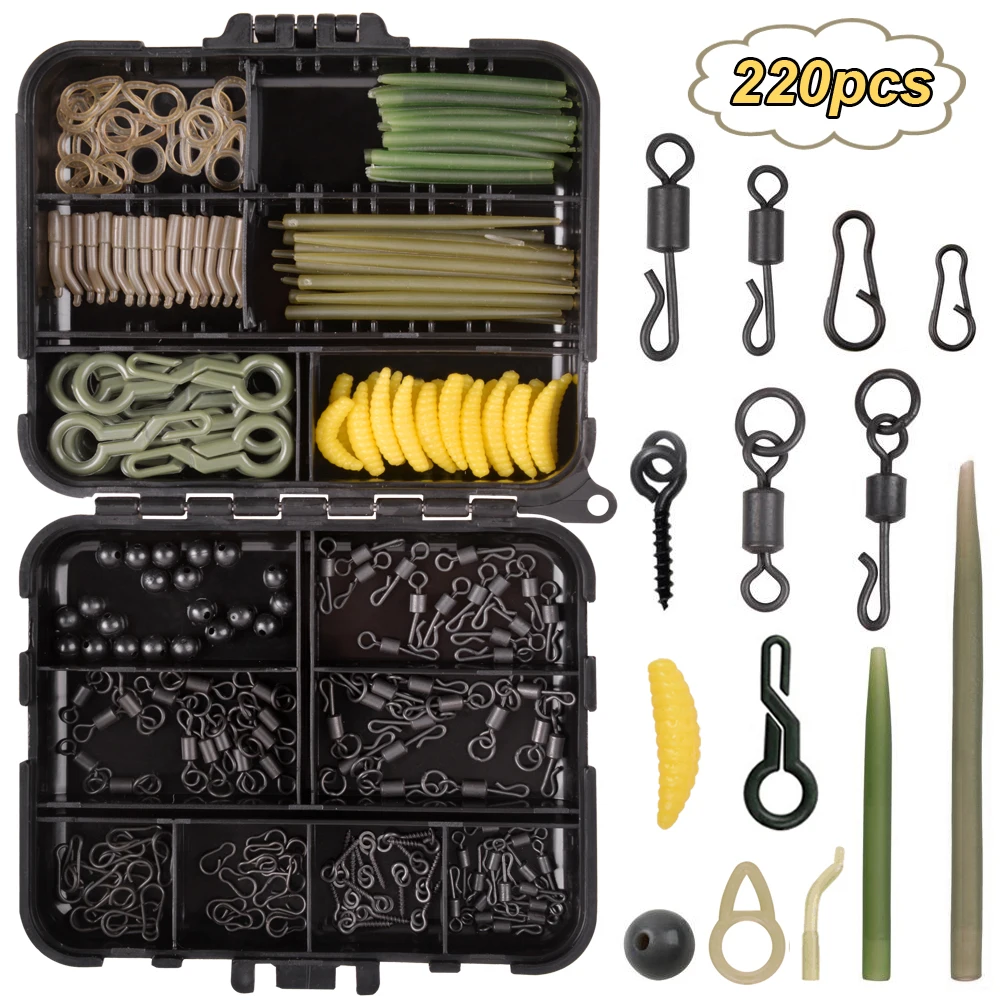 

220Pcs/Box Carp Fishing Tackle Kit Including Anti Tangle Sleeves Aligner Sleeves Boilie Bait Screw Rolling Swivel Snap Tool