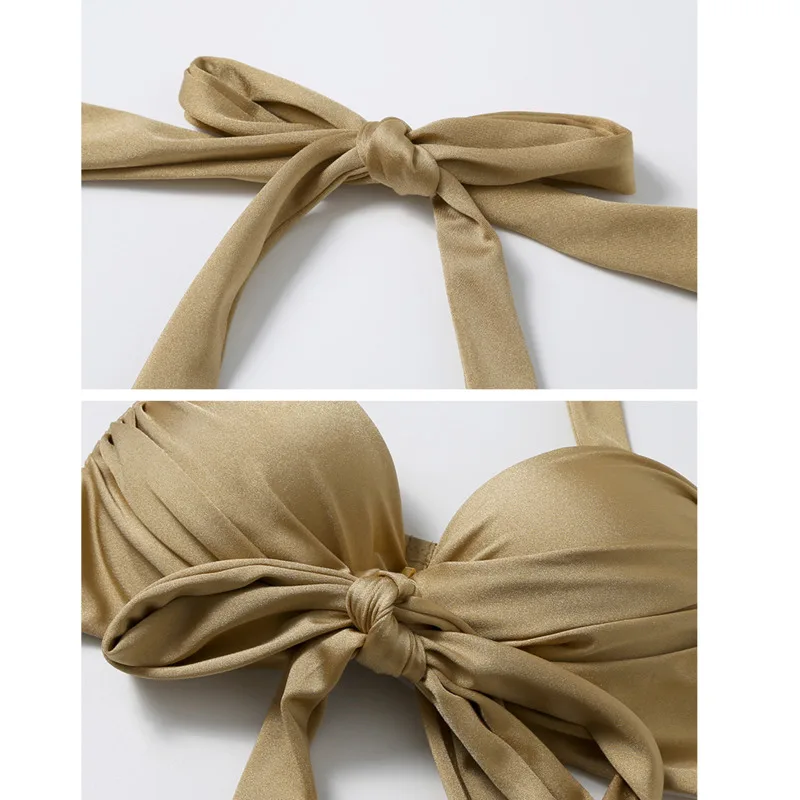 

Women's Solid Bandage Push Up High Waist Bikini 2021 New Summer Underwire Smalle Breast Swimsuit Swimwear Female Bathing Suits