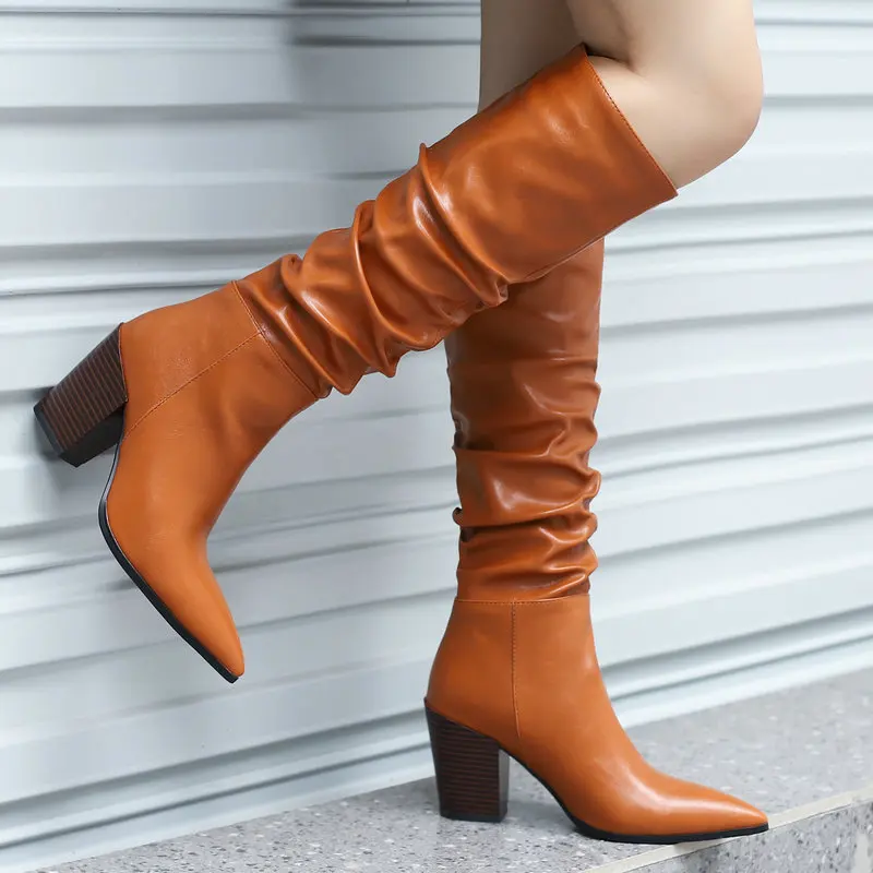 

Black Beige brown green Slouchy Boots Women Chunky Heel Knee High Boots Women Pointed Toe Fold Boots Woman Heels Winter Shoes