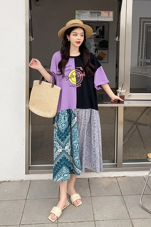 

QING MO Large Size Women Pattern Patchwork Dress 2021 Summer Women Letter Printed Dress Female Fashionable Dress ZQY7052
