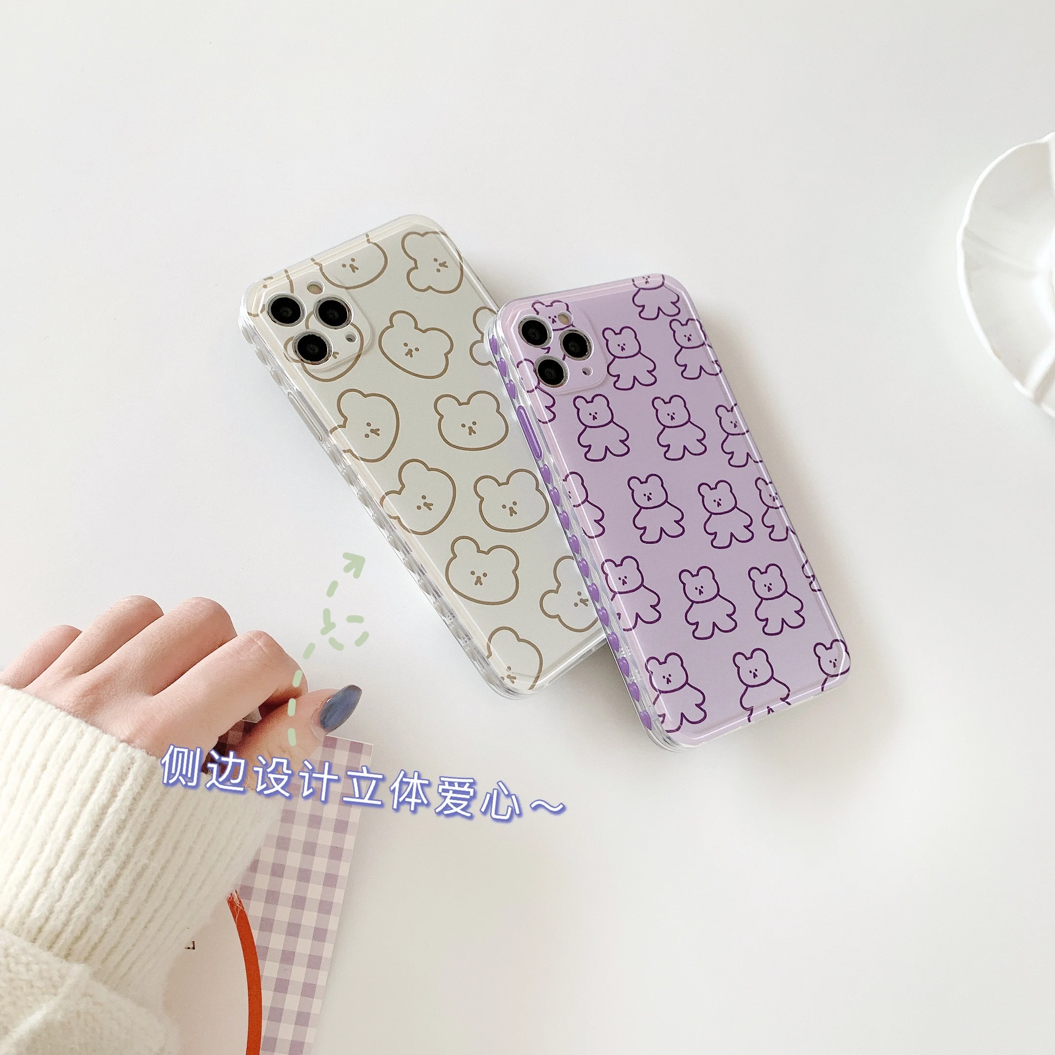 

Cartoon cute side love heart-solid color line bear for iPhone 12 Pro mobile phone case 11 7 8 plus x xs max xr mini case