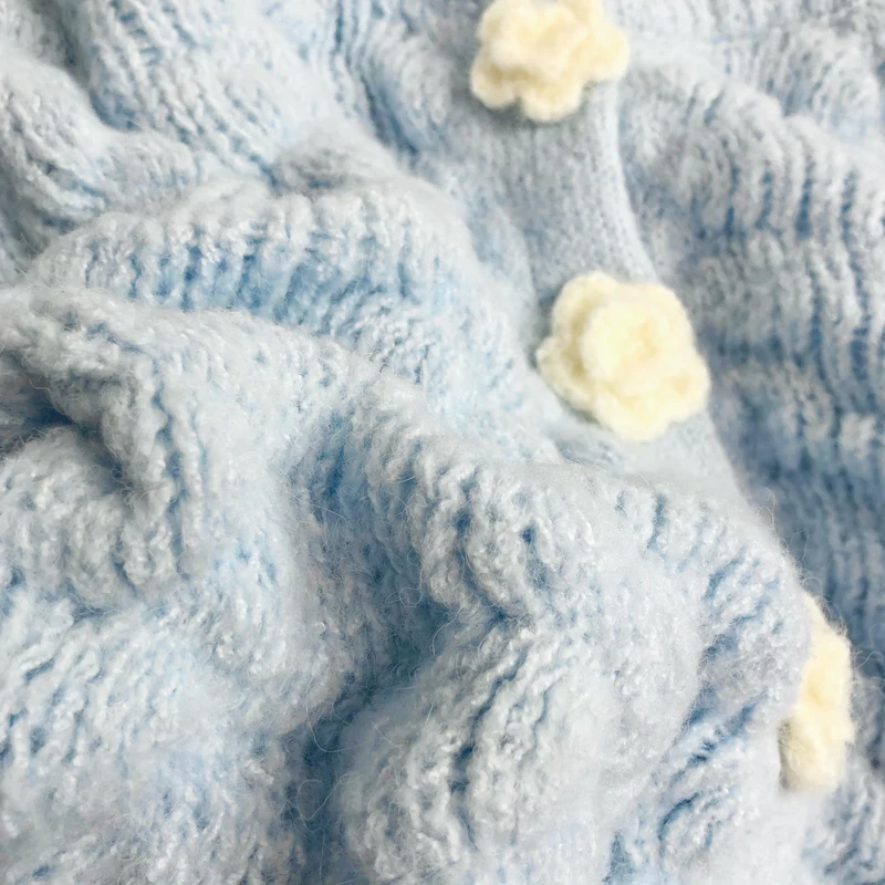 

Sweet Candy Color Sweater Girls Short Students Knitted Fall Tops White Rose Flowers Buttons Lantern Sleeve Solid Cardigan Women