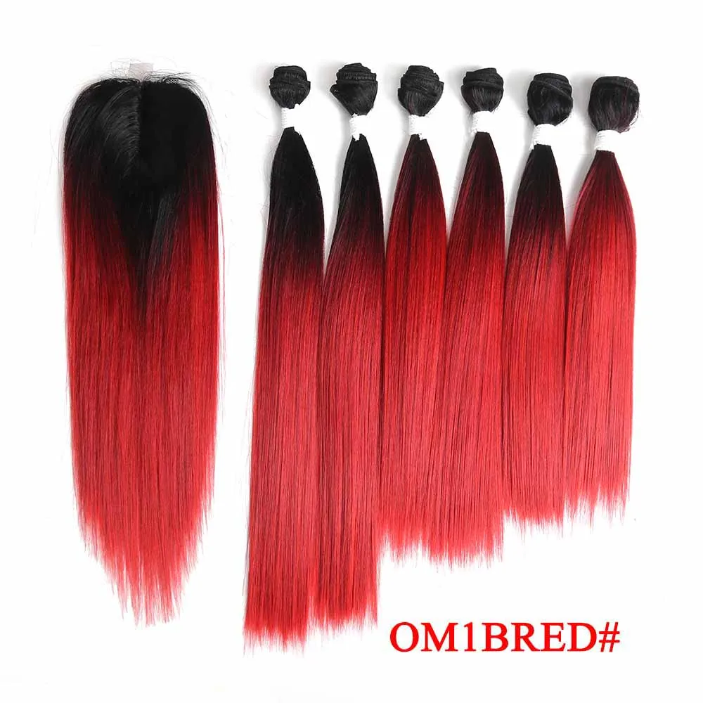 OM1BRED SOKU, черные, синие, фиолетовые, красные синтетические пряди для волос, с застежкой, 14-18 дюймов, прямые волосы Yaki, плетение, 6 пряди, с застежкой на шнуровке - Цвет: OM1BRED