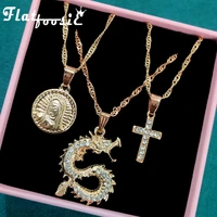 flatfoosie 3pcsset punk dragon cross pendant necklace for women gold color coin portrait long chain necklace jewelry party gift
