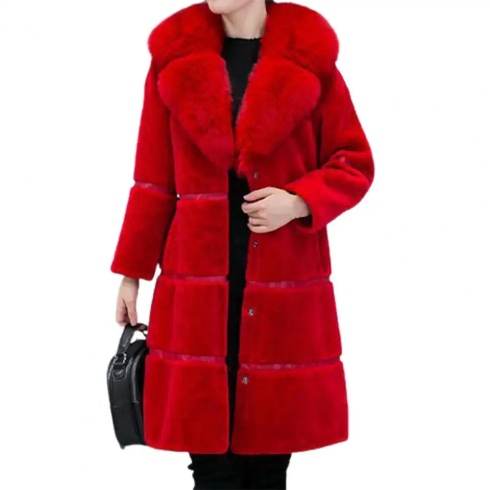 

Faux Fur Coat Long Sleeve Thick Autumn Winter Plush Turn Down Collar Office Lady Overcoat for Office