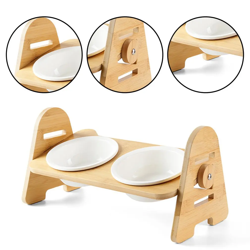 

Bevel Raised Pet Bowl Adjustable Elevated Food Bowl Water Bowl Stand Feeder With Ceramic Bowls Pet Supplies