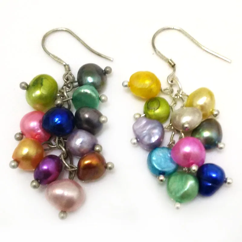

3 inches Grape Style 6-7mm Multicolor Natural Fresh Water Oval Pearl 925 Sterling Silver Earring