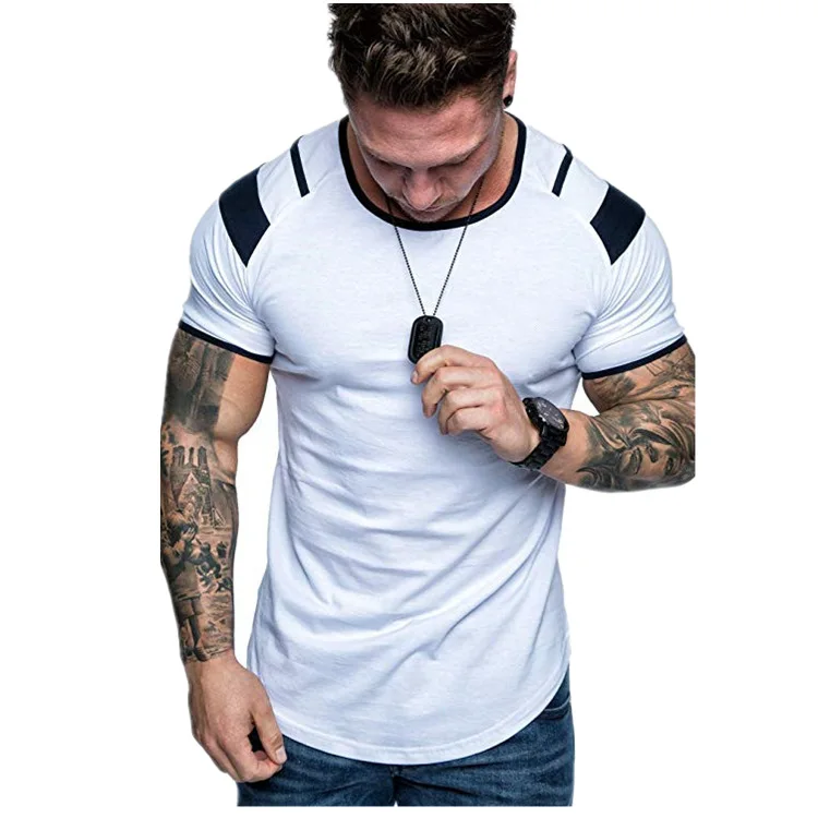 

New summer men's short sleeve T-shirt round neck shoulder color matching casual men's pure cotton T-shirt