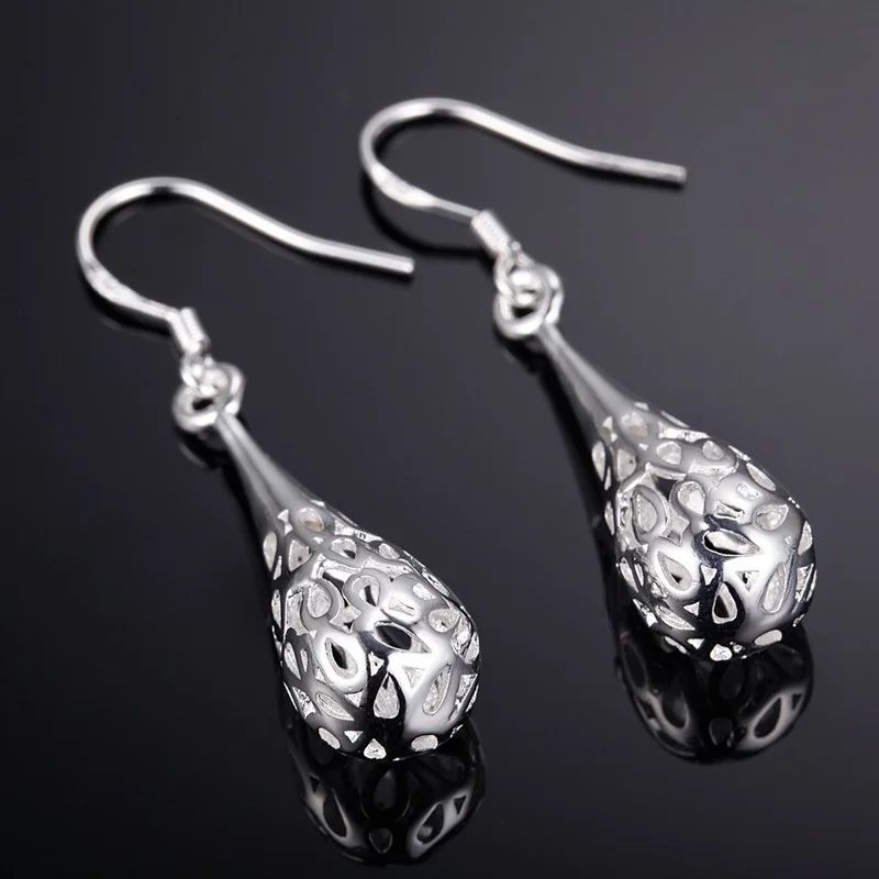 

Classic Hollow Out Long Water Drop Shaped Dangle Earrings for Women Silver Color Party Wedding Wholesale Jewelry