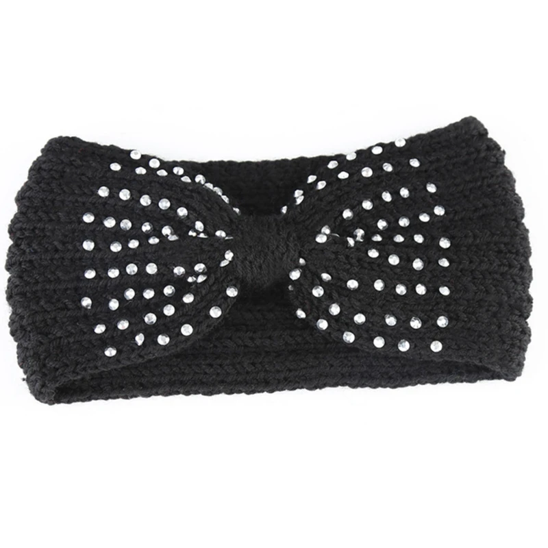 

2021 New Winter Warmer Ear Knitted Headband Bow Rhinestone Headwear For Women Girls European Solid Turban Hair Band Head Warp