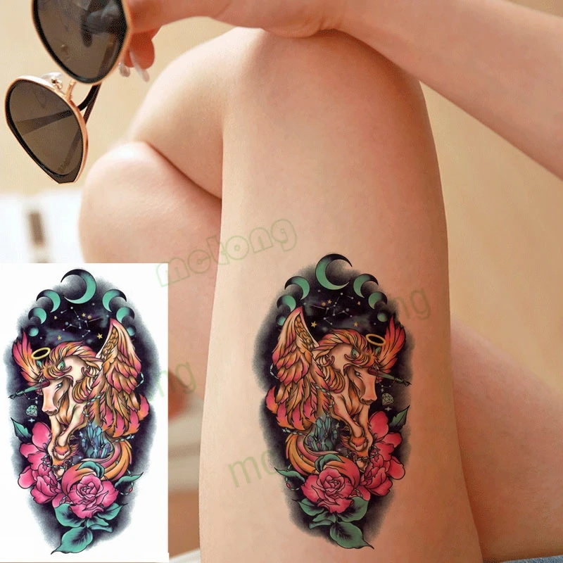 Водонепроницаемый Временные татуировки наклейки Ретро луна цветок Единорог
