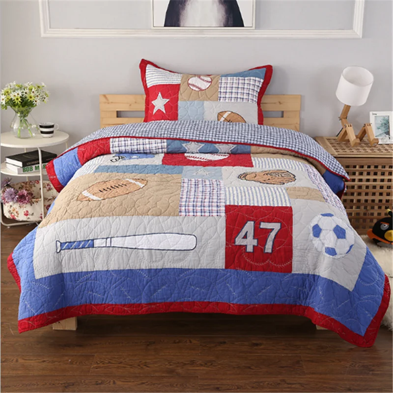

Rugby football/soccer kids children cartoon bed cover baseball boys bedding set handmade applique patchwork quilt bedspread set