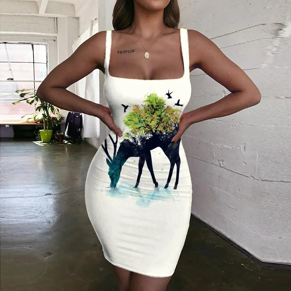 

KYKU Brand Deer Dress Women Animals Ladies Dresses Christmas Vestido Sexy Tree Halter Sleeveless Womens Clothing Plus Size Short