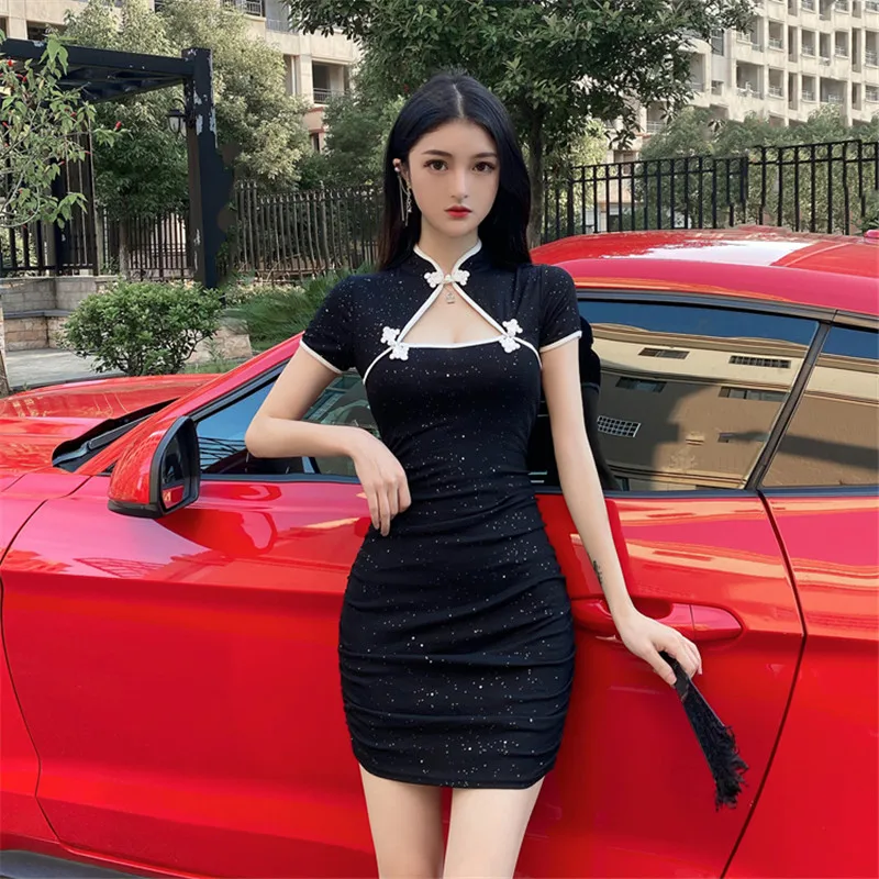 

Short-sleeved retro improved cheongsam-style bag hip black dress 2020 temperament sexy fashion short dress