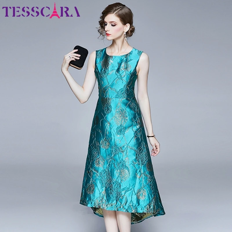 Женское жаккардовое платье TESSCARA весеннее элегантное дизайнерское длинное синее