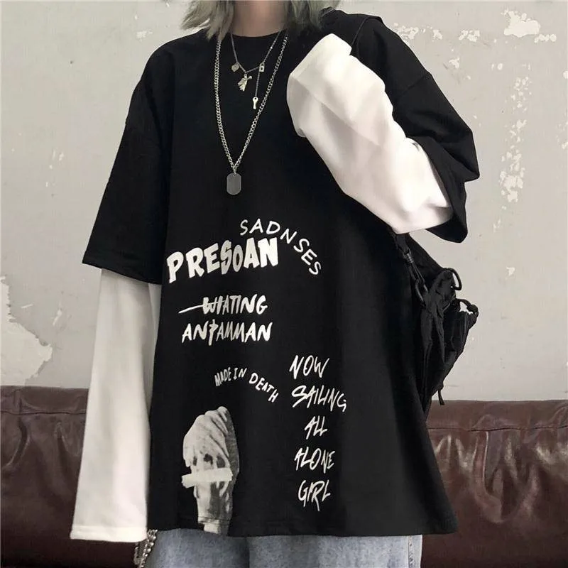 

Black Letter Print T Shirt Loose Punk Women Autumn High Street T Shirts Funny Long Sleeve Tshirt Streetwear Girls Hip Hop Tops