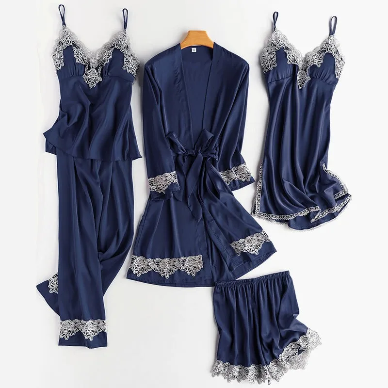 Комплект свадебного халата для женщин атласное кимоно с кружевной отделкой