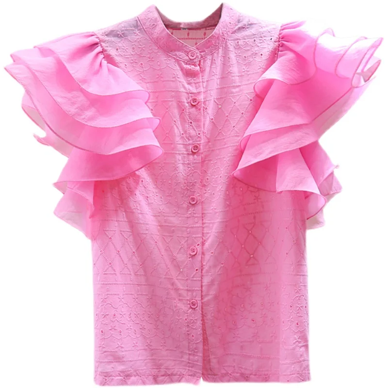 Creux Brodé Chemise En Coton et Lin Femme 2021 Style Coréen d'été Minceur À Volants Manches Volantes Décontracté Haut De Dame Blusas