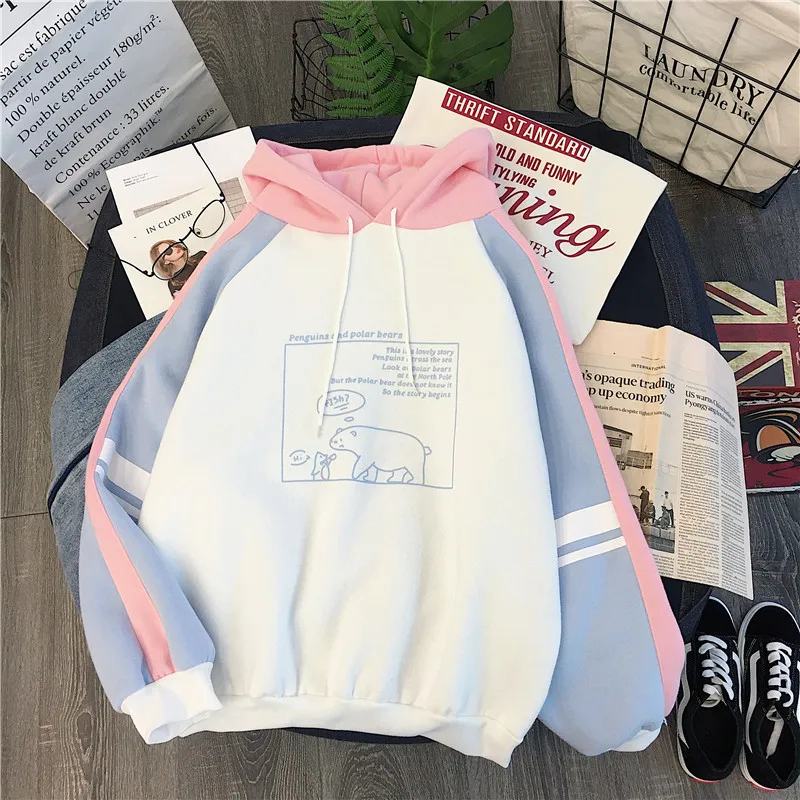 

Cute Print Hoodie Women Sweatshirt Autumu Streetwear Tops Long Sleeve Hoodies Pullover Girls Oversize Sweatshirt Color Patchwork