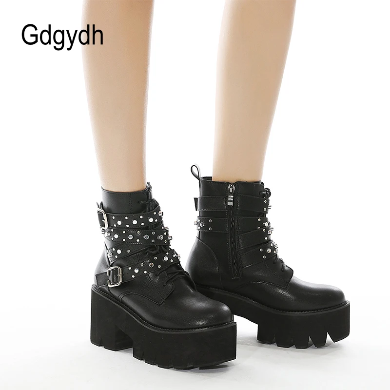 Gdgydh Sexy Rivets Women Gothic Boots Platform Chunky Heels with Zipper Big Size Cosplay Rave Boots of Women Ankle Buckle Strap