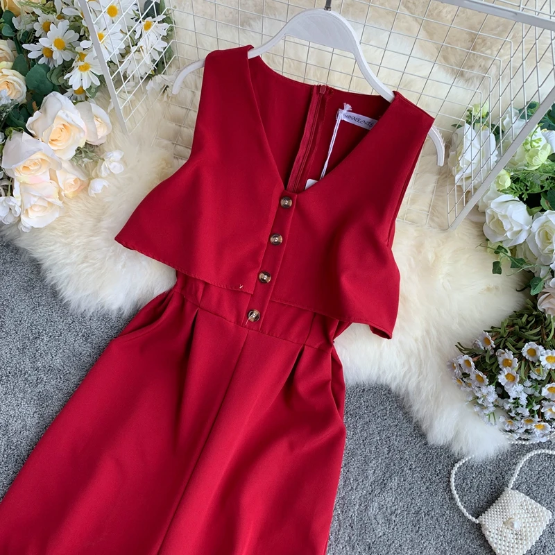 

Women's Summer Overalls New Korean Version of Loose Sleeveless Nine-point Wide-leg Pants High-waist Tooling Slim Overalls LL018