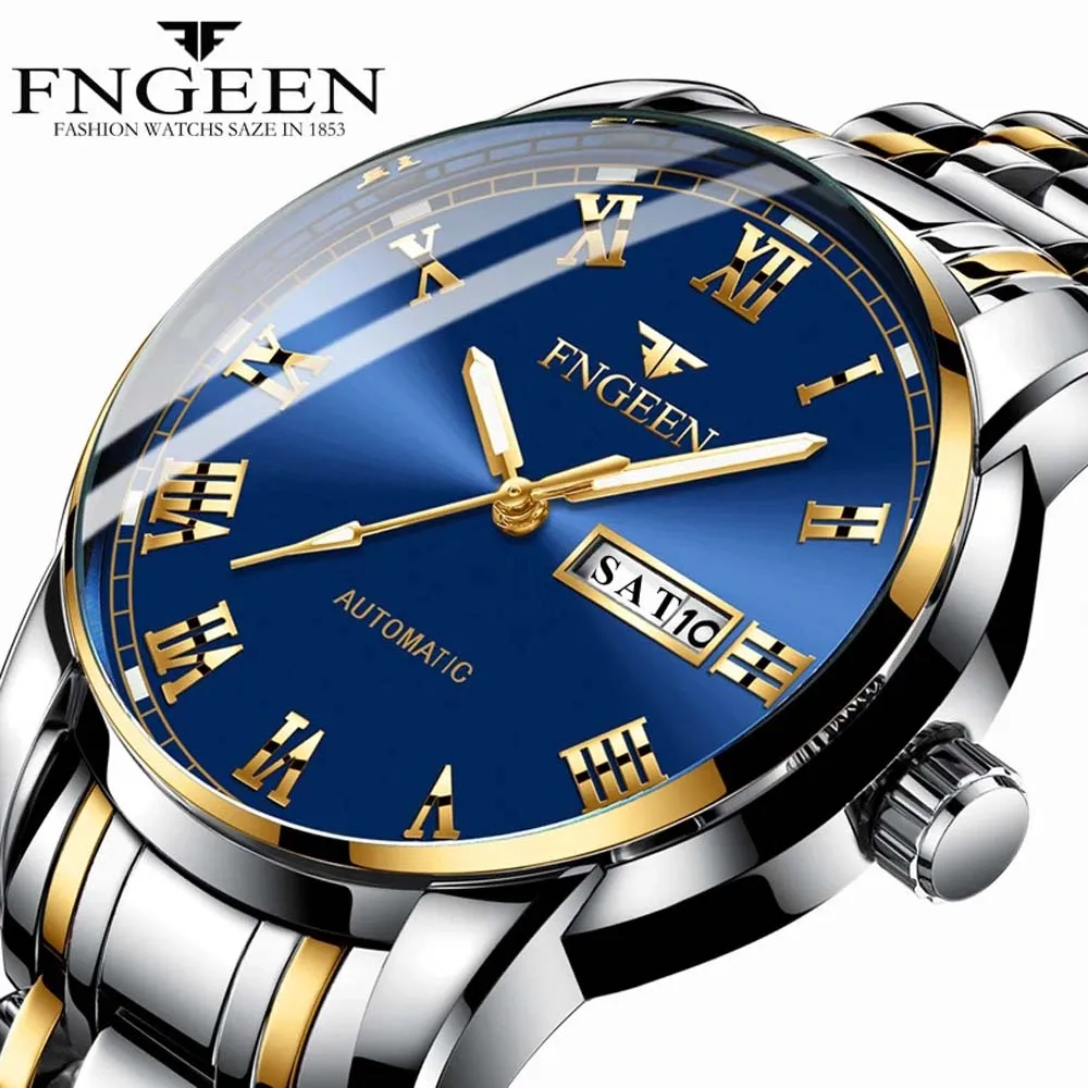 

FNGEEN Men's Quartz Watch Leather Strap Date Week Display Wristwatch Luminous Hands Stainless Steel Male Clock Relogio Masculino