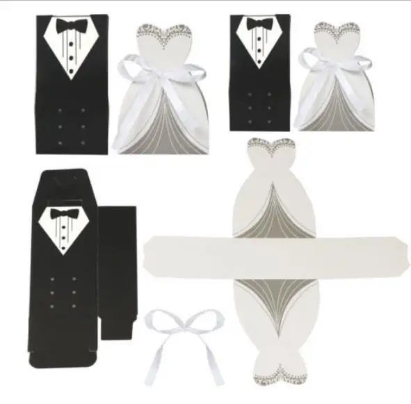 100PCS/Set Wedding Favor Candy Box Bride &amp Groom Dress Tuxedo Party w/ Ribbon boite dragees de mariage | Дом и сад