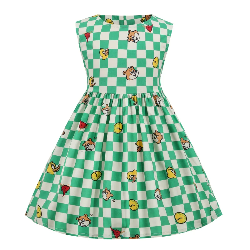 

Kids Clothes Baby Girls Dress Casual Birthday Cotton Grid Summer Elegant Anime Designer Cute Green Pastel Free Shipping Costume