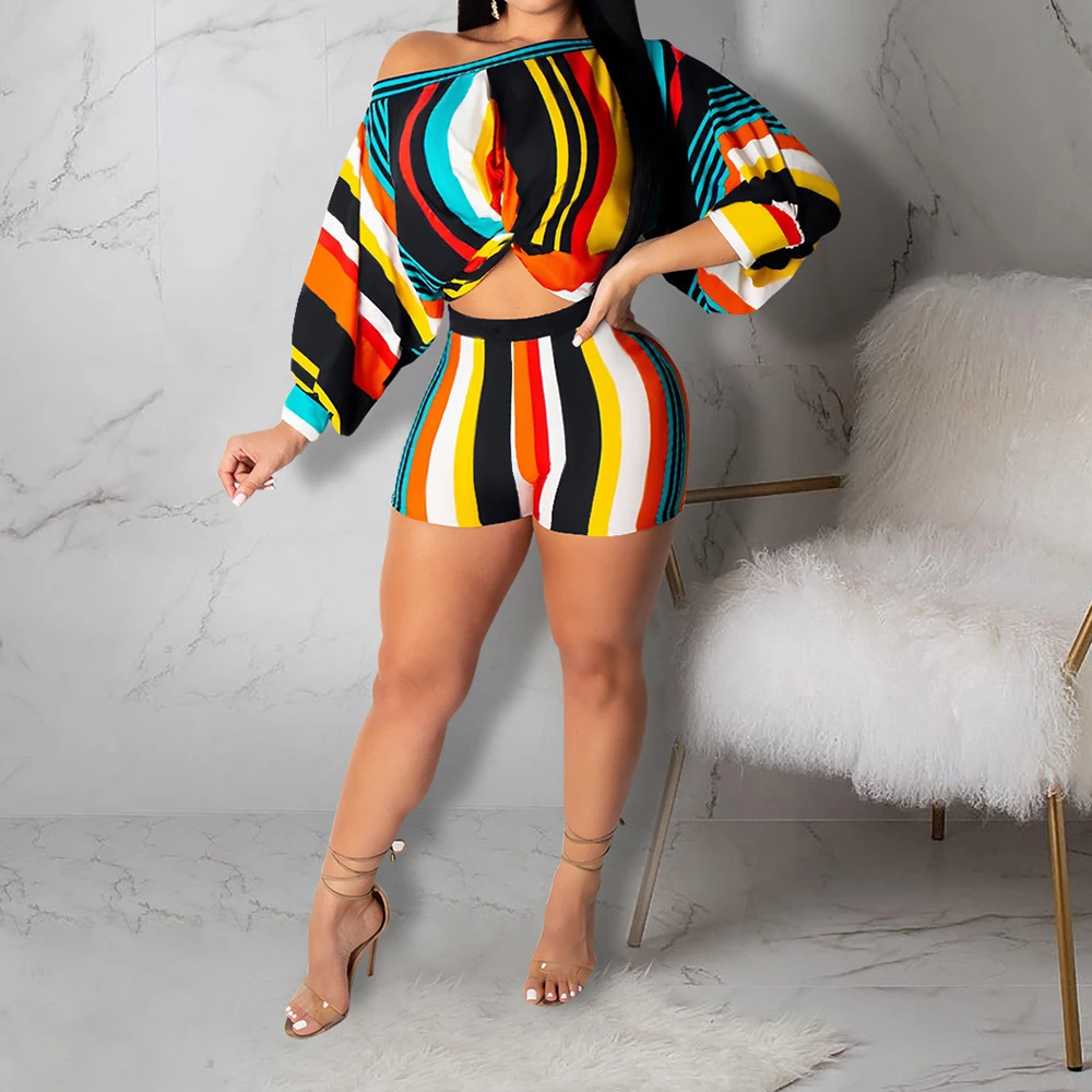 

Комплект из двух предметов Tmustobe с принтом в полоску, Женский Осенний укороченный Топ с длинным рукавом, мини-шорты с высокой талией, облегаю...