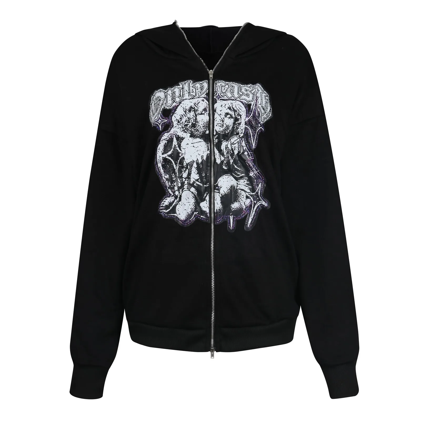 

Nice Womens Popular Pattern Hooded Coat Female Long Sleeve Loose Coat Black Zipper Jacket Fall Tops Clothing Casaco Feminino