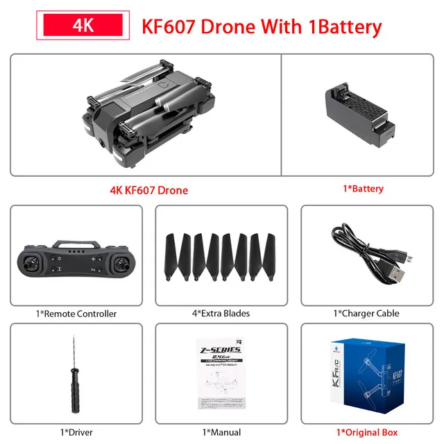 4k 1 battery Дрон KF607 wifi FPV RC Drone 4K Камера Ультра HD Двойная камера Дрон Безголовый режим одно касание посадочный Квадрокоптер Дрон с камерой квадрокоптер с камерой вертолет квадракоптер аккумулятор квадрокоптер - Цвет: 4k 1 battery