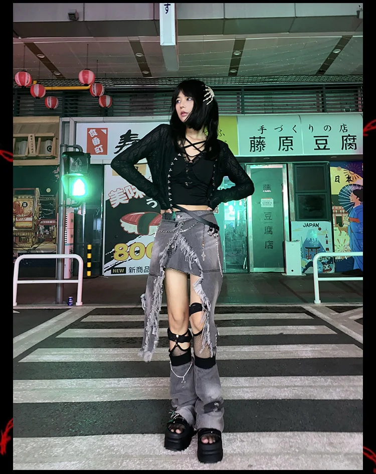 

Summer Gothic Harajuku Denim Detachable Irregular Half Length Low Waist Skirts Hot Girl Fashion Punk Mini Skirts