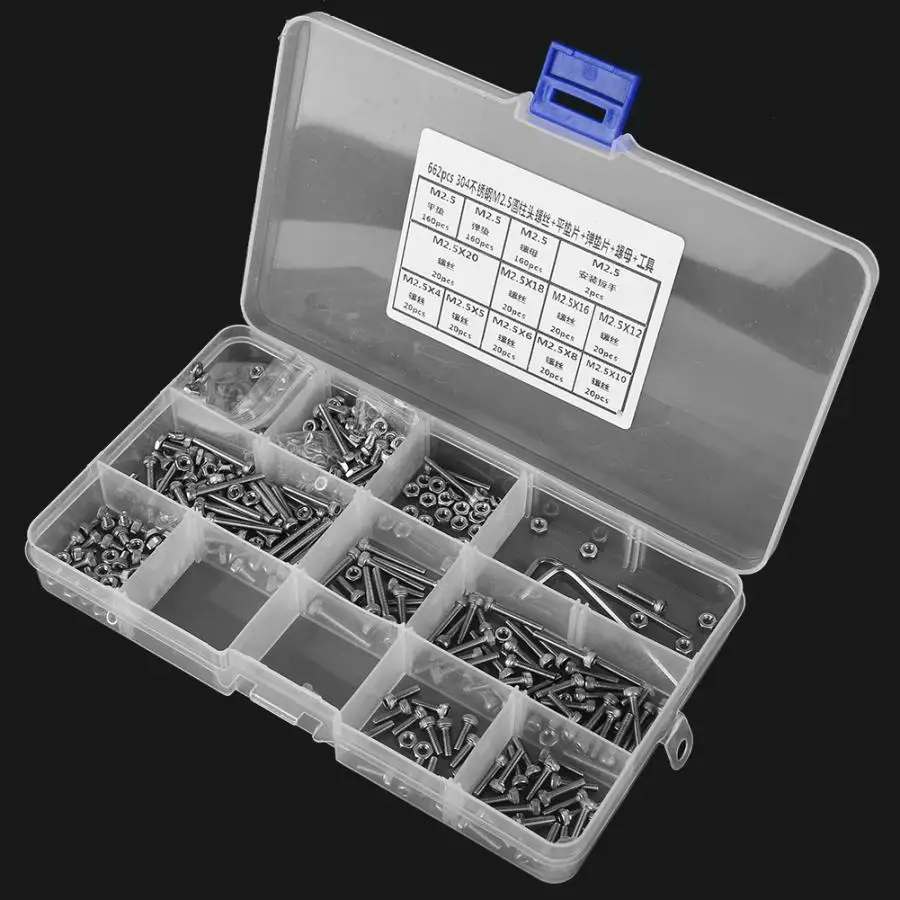 662 шт. винт M2.5 Винт с головкой + плоская шайба пружинная гайка набор