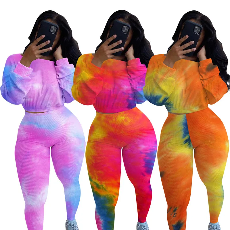 

Autumn Winter Women Ribbed Tracksuits Tie Dye Print O-neck Long Sleeve Tops+Pants Leggings Two Piece Sets Casual Sporty Outfits