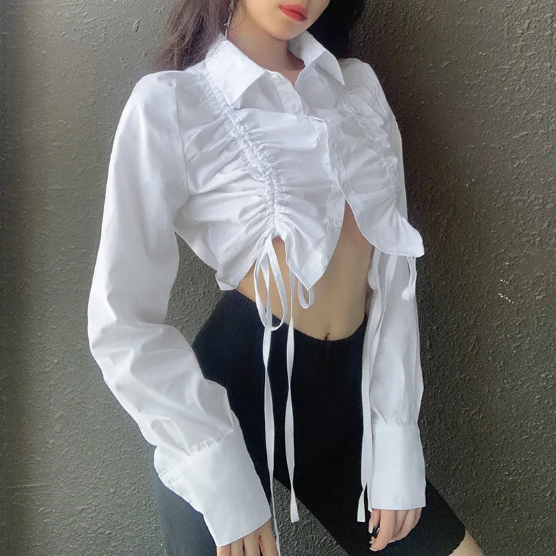 

Women\u2019s Casual Long-sleeved Cardigan Fashion Solid Color Lapel Single-breasted Drawstring Exposed Navel Shirt