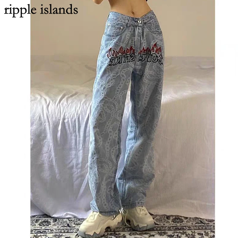 

Ripple Islands-Baggy Jeans Y2K Streetwear Embroidered Jeans Female Hip-Hop Straight High Street Print Pants Fashion Pants