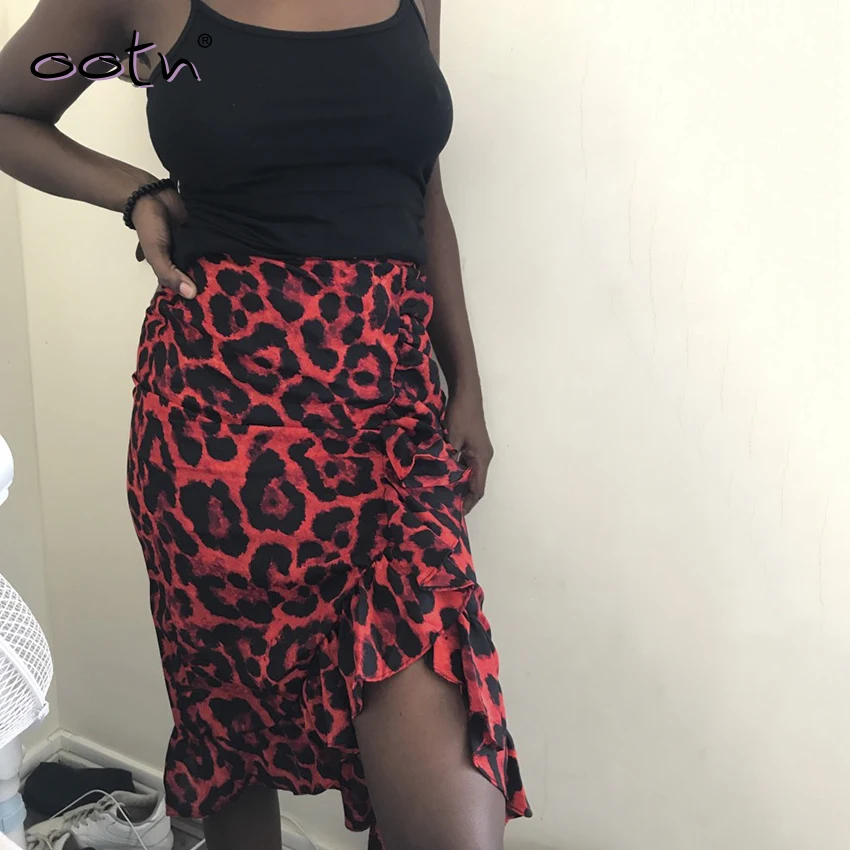 Ootn Leopard длинная юбка женский Высокая талия длинная юбка Женский Улица рябить животных печати юбка Женский Лето Красный для отдыха