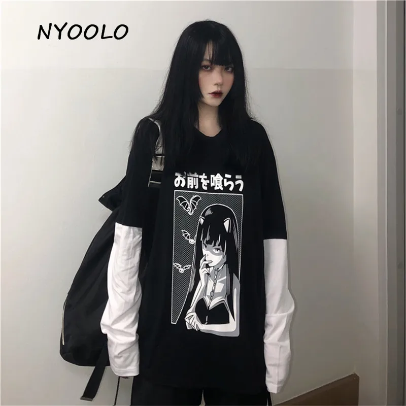 NYOOLO Harajuku стиль Манга Девушка японский с буквенным принтом топы Поддельные из двух частей Лоскутная футболка с длинными рукавами женская мужская одежда Топ