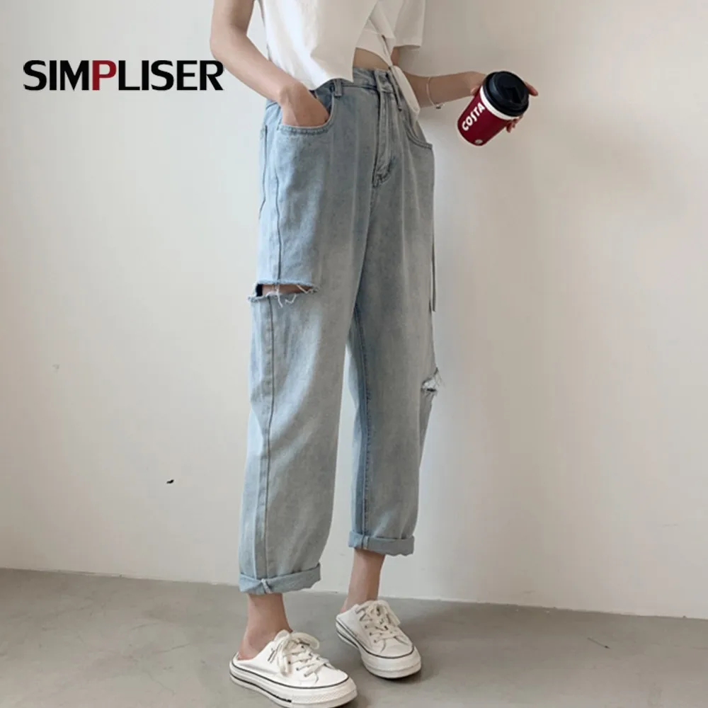 Женские джинсы с потертостями свободные синие шаровары Рваные Джинсы бойфренда