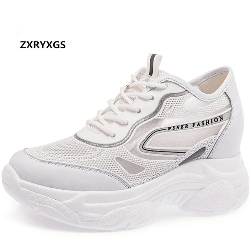 

ZXRYXGS Lace-up Cowhide Mesh Breathable Shoes Women Sneakers 2020 New Increased Within High Heels Summer Sandals Casual Shoes