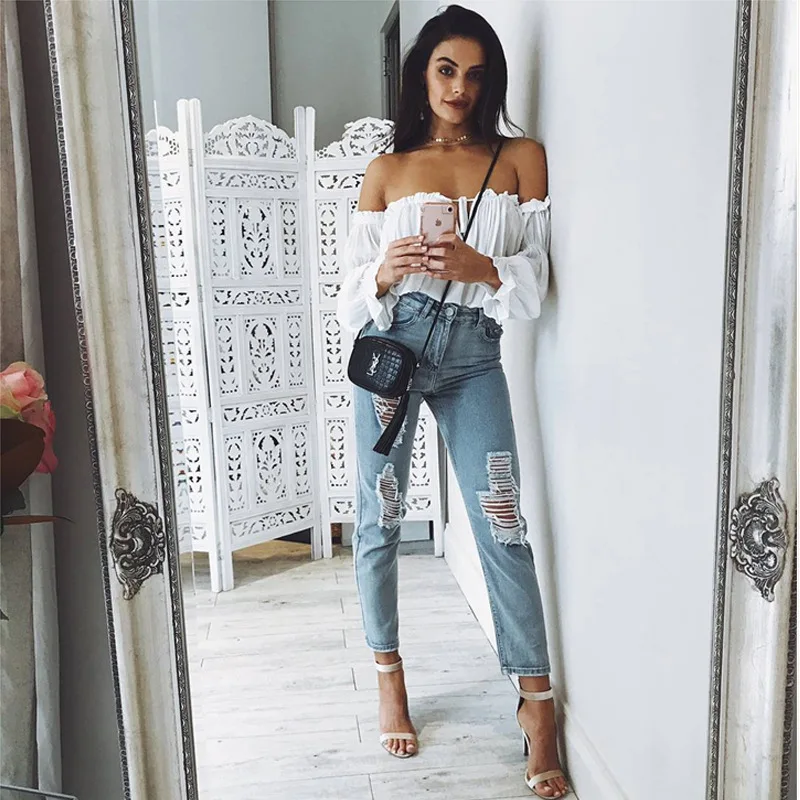 

Off Shoulder Blouse Long Sleeve Chiffon White Shirts Tops Women Casual Summer 2018 Streetwear Shirt Ladies Tops AB370