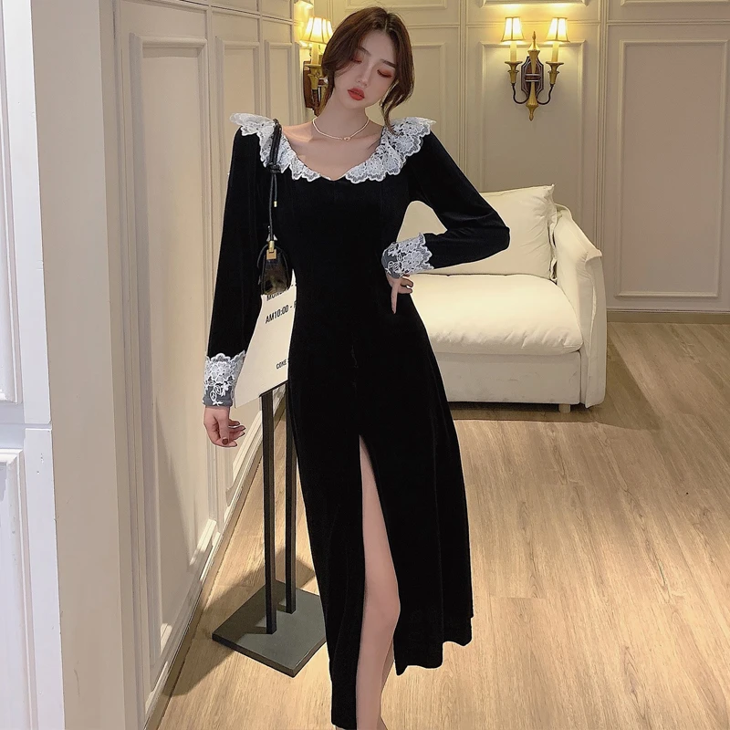 

lace up v-neck a-line long dress style robe longue spring fall velvet Split hot Women's Clothing Dresses moda feminina Female
