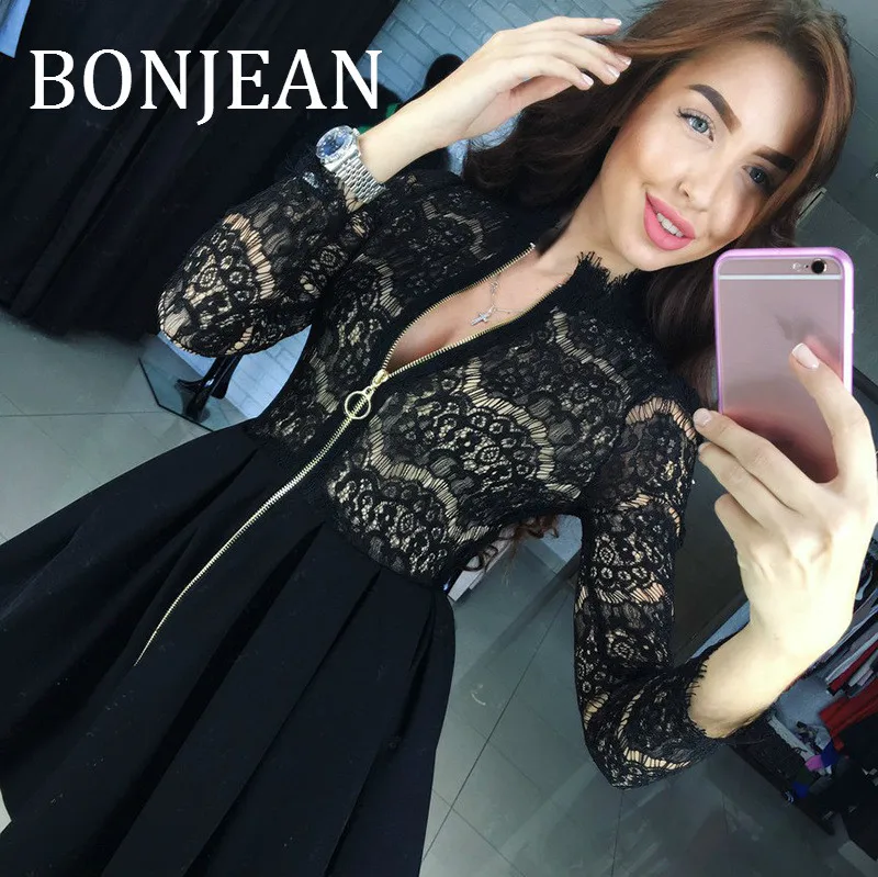 

BONJEAN Кружево Лоскутное плиссированное платье для женщин 2019 Robe Femme с длинным рукавом Осеннее платье с высокой талией Черное мини-платье BJ1547